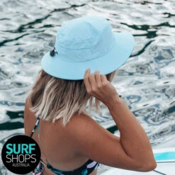 Ladies Bingin Soft Peak Surf Hat | Aqua | Surf Hat With Clip | Water Activity Hat -FCS Store Buy Ocean And Earth Bingin Ladies Surfing Hat With Chin Strap Surf Shops Australia 22662.1671062726